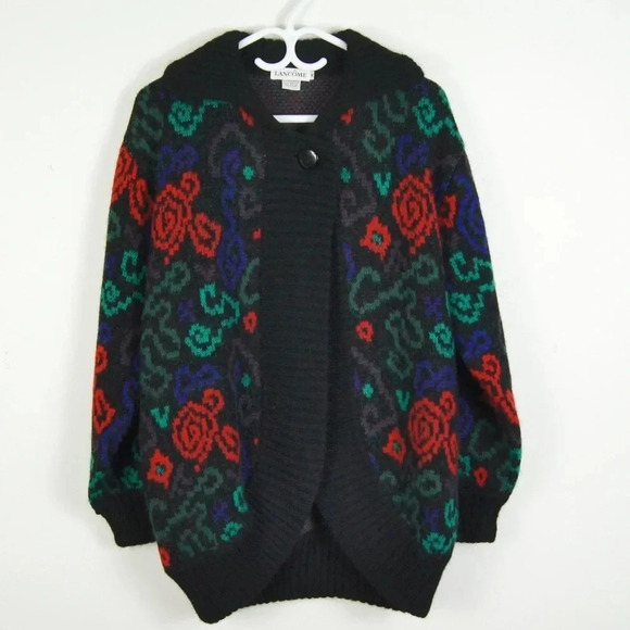 Rare Vintage 80s 90s Lancome Abstract Floral Wool Knit Wool Cardigan Sweater - Picture 1 of 6